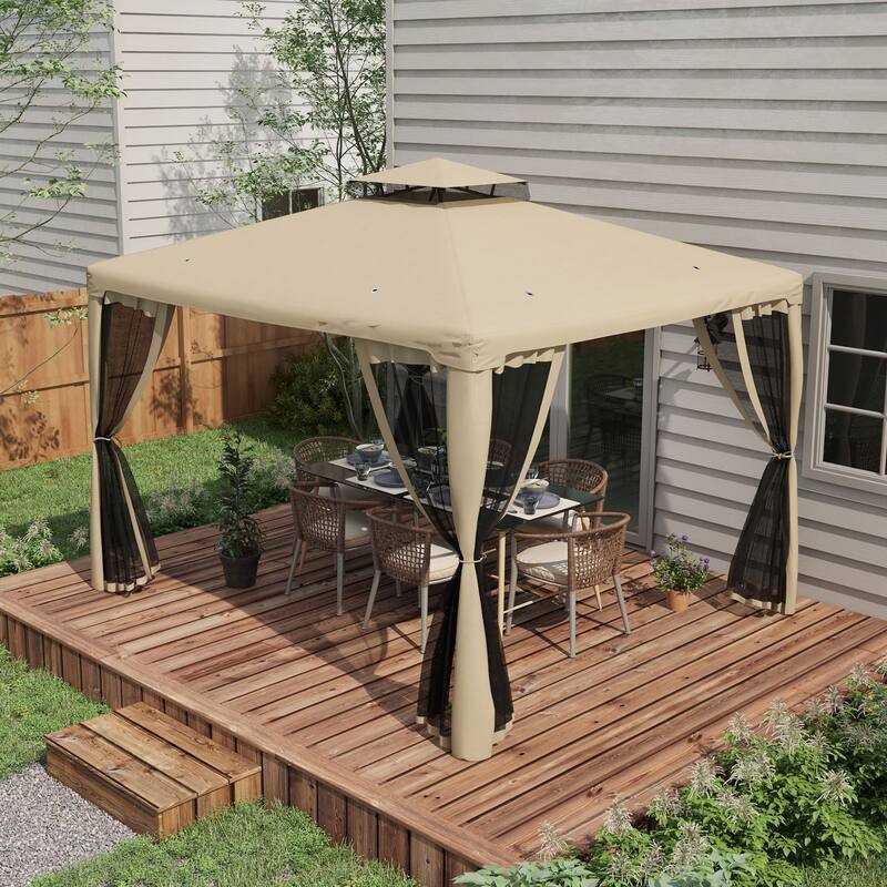 9.6' x 11.6' Outdoor Patio Gazebo with 2-Tier Roof, Netting, and Steel Frame for Garden, Lawn, Backyard, and Deck