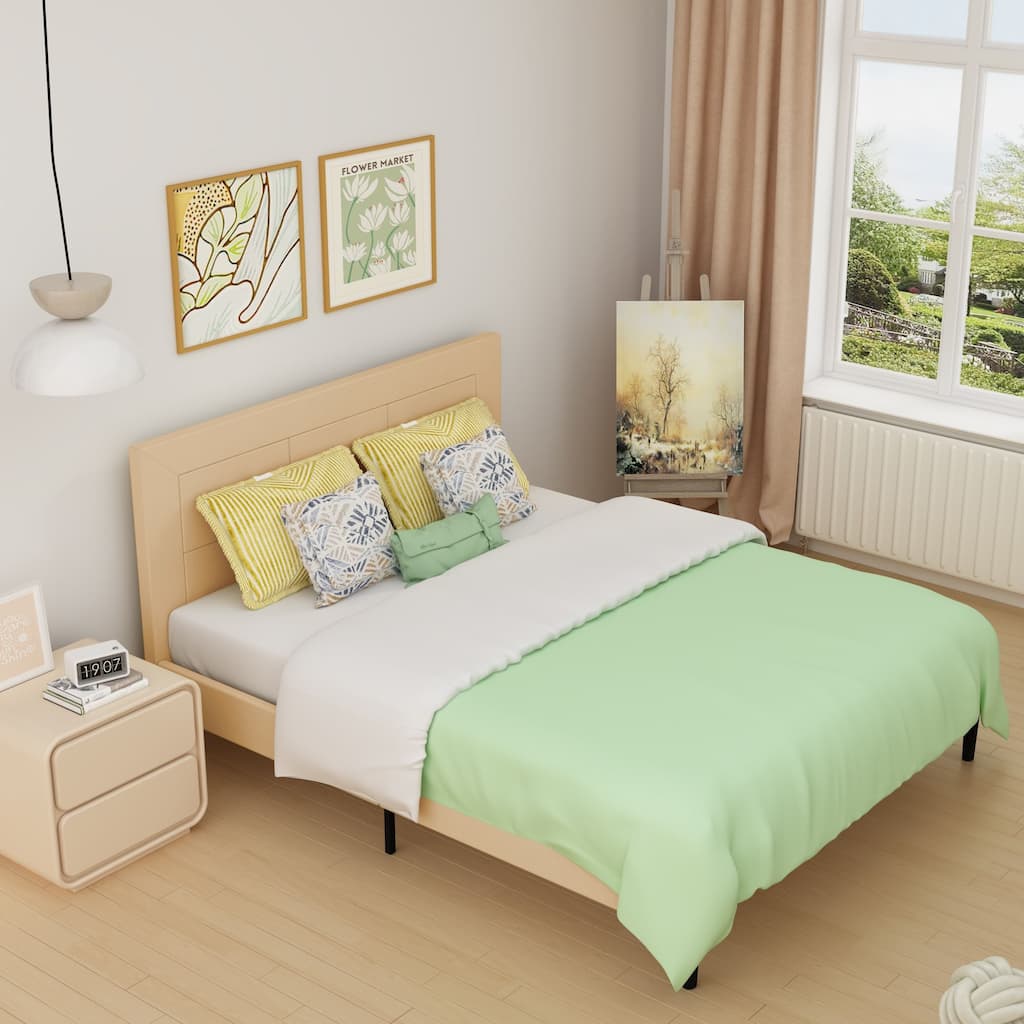 Queen Size Wood Slat Bed Frame with PU Leather Headboard