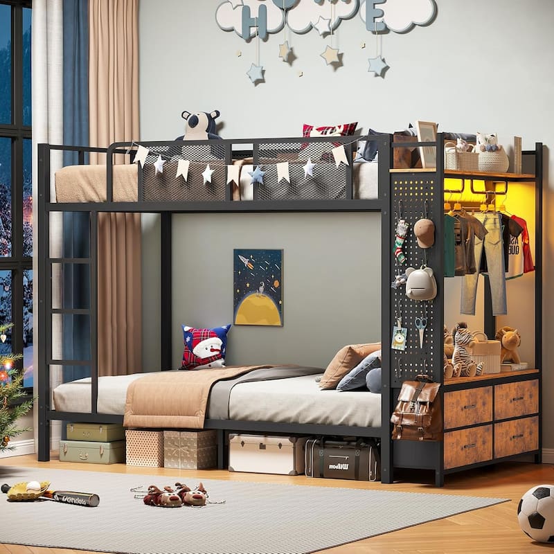 Metal Bunk Bed Twin Over Twin with Hall Tree 4 Storage Drawers