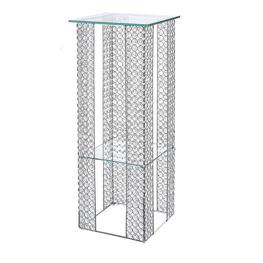 Lia 30 Inch Crystal Accent Table, Square Glass Surface, Silver Metal, Clear