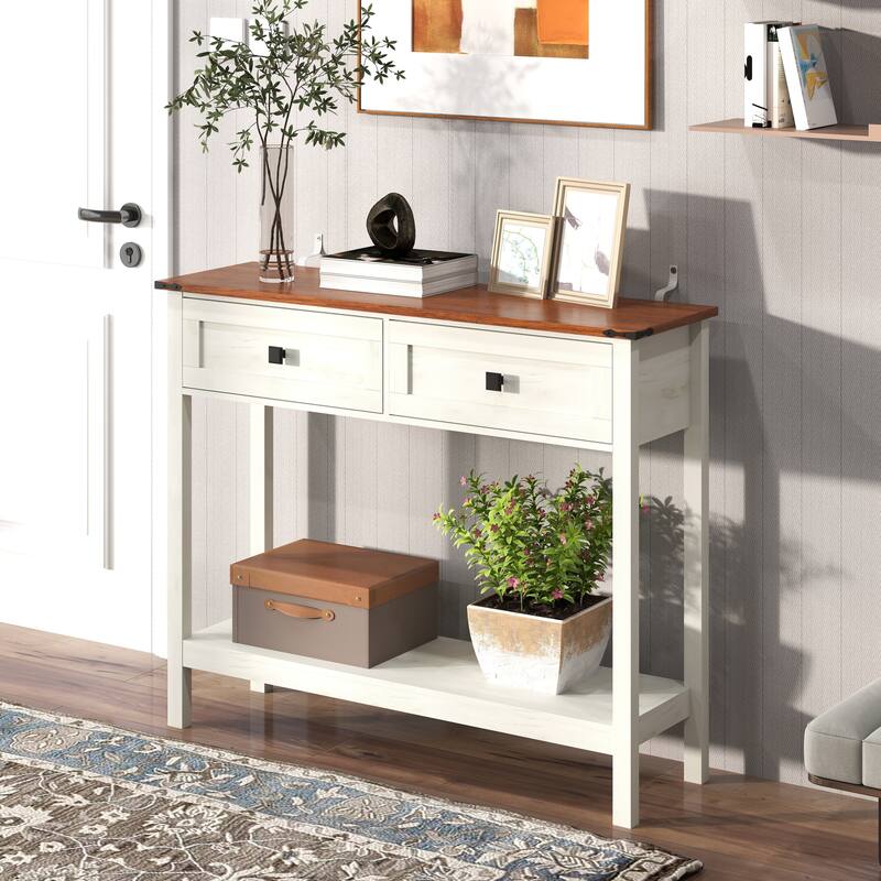 Farmhouse Style Console Table with 2 Drawer and Bottom Storage Shelf