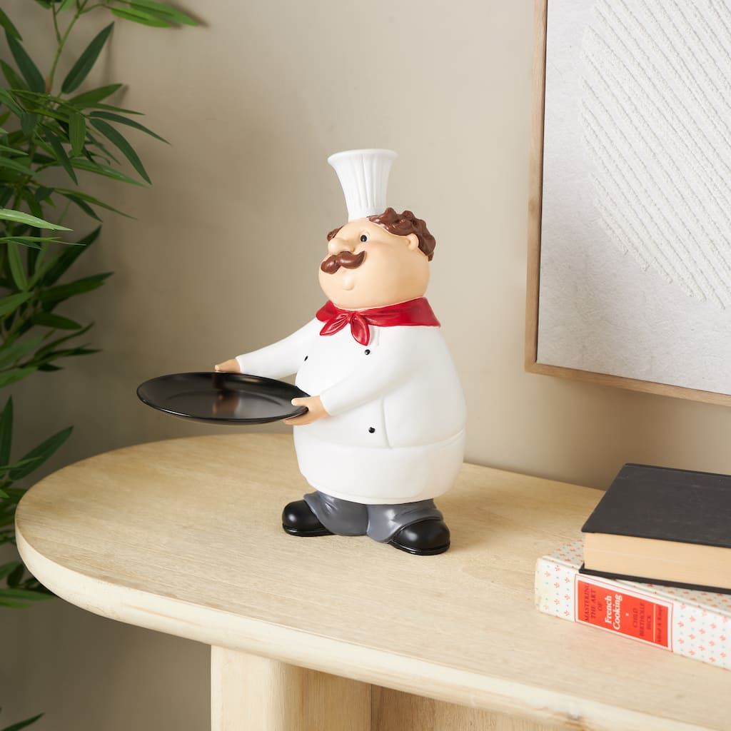 White Polystone Kitchen Decorative Figurine Chef Decorative Sculpture with Black Tray