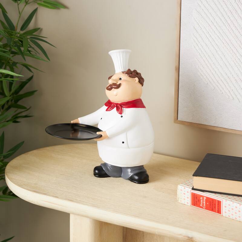 White Polystone Kitchen Decorative Figurine Chef Decorative Sculpture with Black Tray - White
