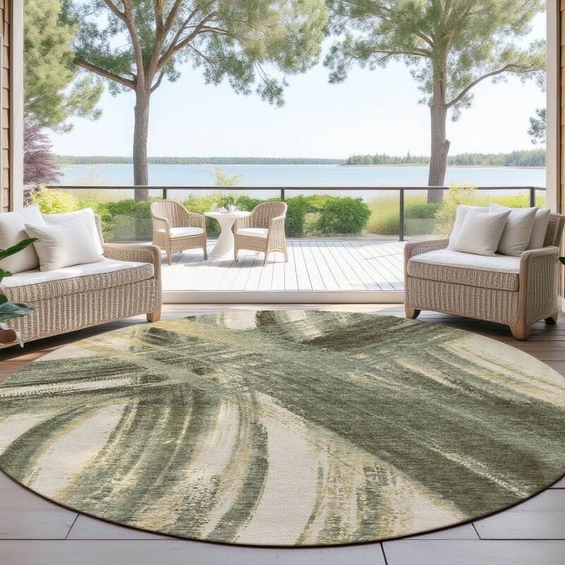 Machine Washable Indoor/ Outdoor Abstract Brushstroke Chantille Rug - Olive - 8' x 8'