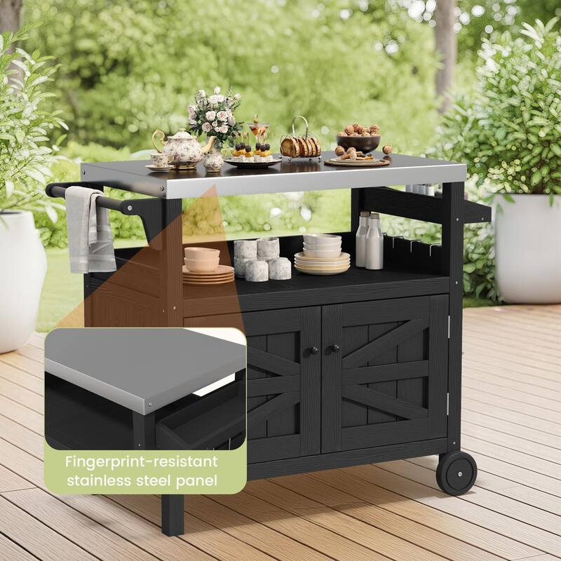 Outdoor Kitchen Cart with Stainless Steel Top, HDPE Patio Serving Cart with Storage
