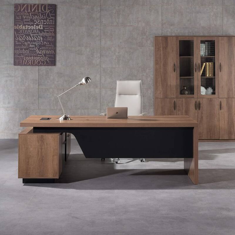 WESOME Retractable L-Shaped Executive Desk with Cable Management Drawers and Lateral File Cabinet