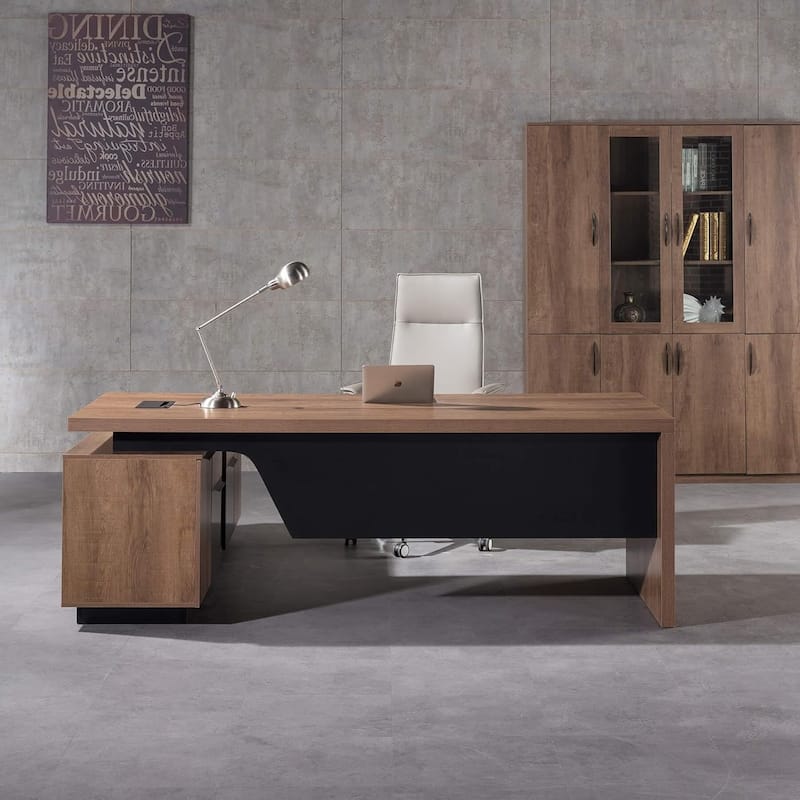 WESOME Retractable L-Shaped Executive Desk with Cable Management Drawers and Lateral File Cabinet