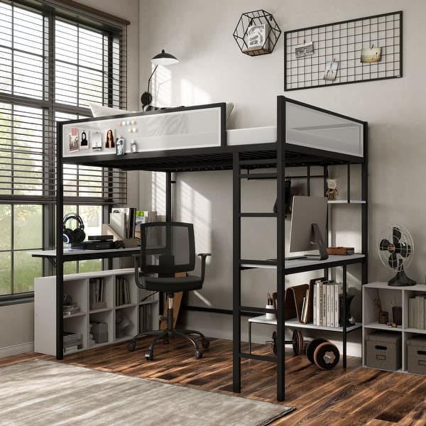 slide 2 of 33, Furniture of America Jackson Modern Black Metal Loft Bed with Dual Desks and Closet Rod Full