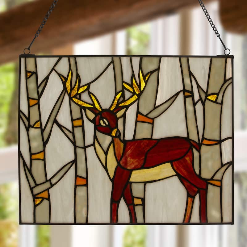 River of Goods Woodland Stag River of Goods Brown and Amber Stained Glass Window Panel - 14" x 0.25" x 11"