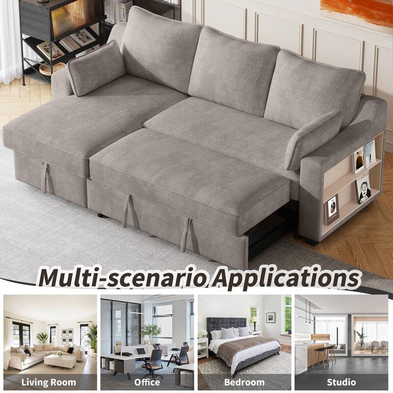 90" Convertible Sleeper Sofa with Storage Chaise, USB Ports, Storage Racks for Compact Spaces