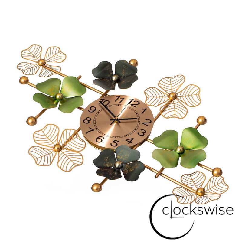 Big Leaf Art Wall Clock, Metal 33.50” Oversize Timepiece – Mounted vertical or horizontal – Hanging Supplies Included