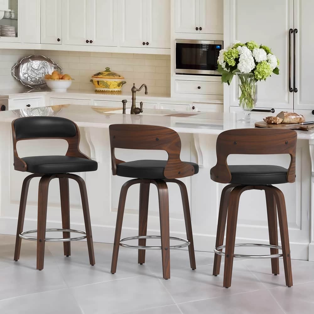 26.in Modern Set of 3 Leather Bar Stool Swivel Upholstered Hollow Back Counter Height Barstool with Wood Frame