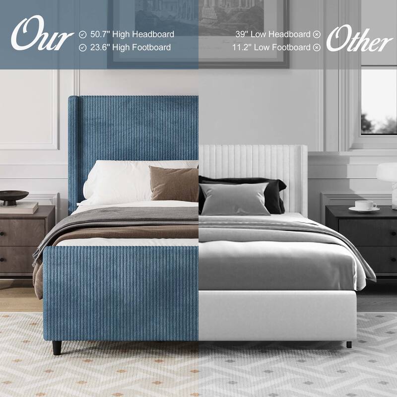 Corduroy Upholstered Bed Frame with Vertical Stripe Wingback and High Footboard