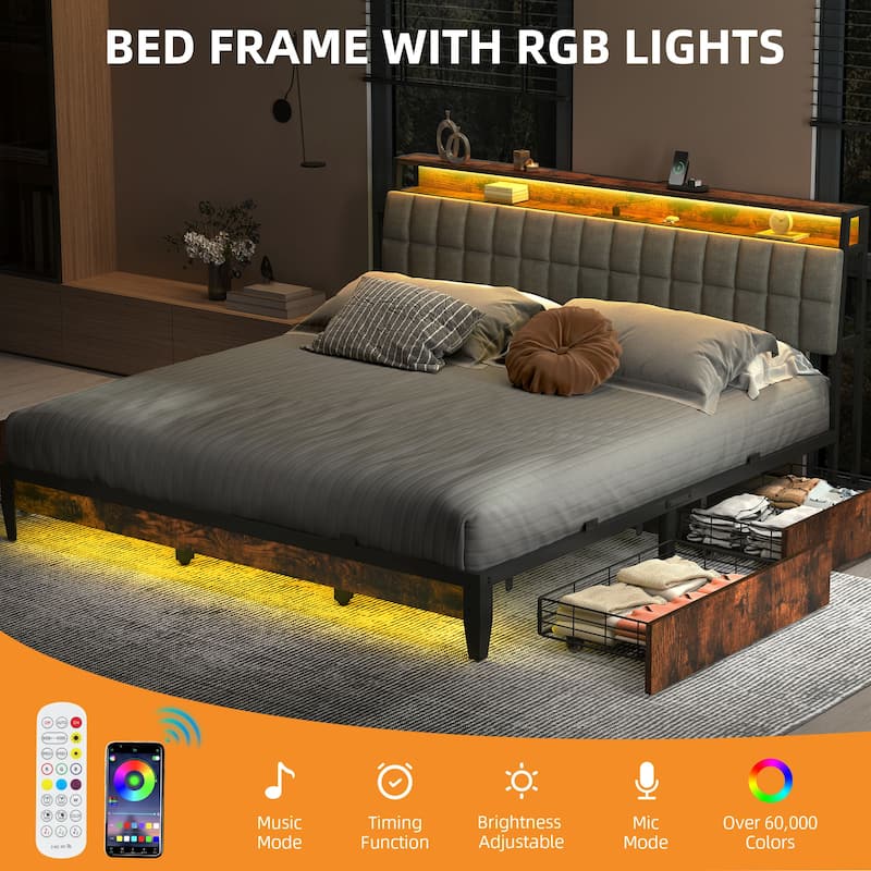 Upholstered Platform Bed with Charging Station and Storage Headboard