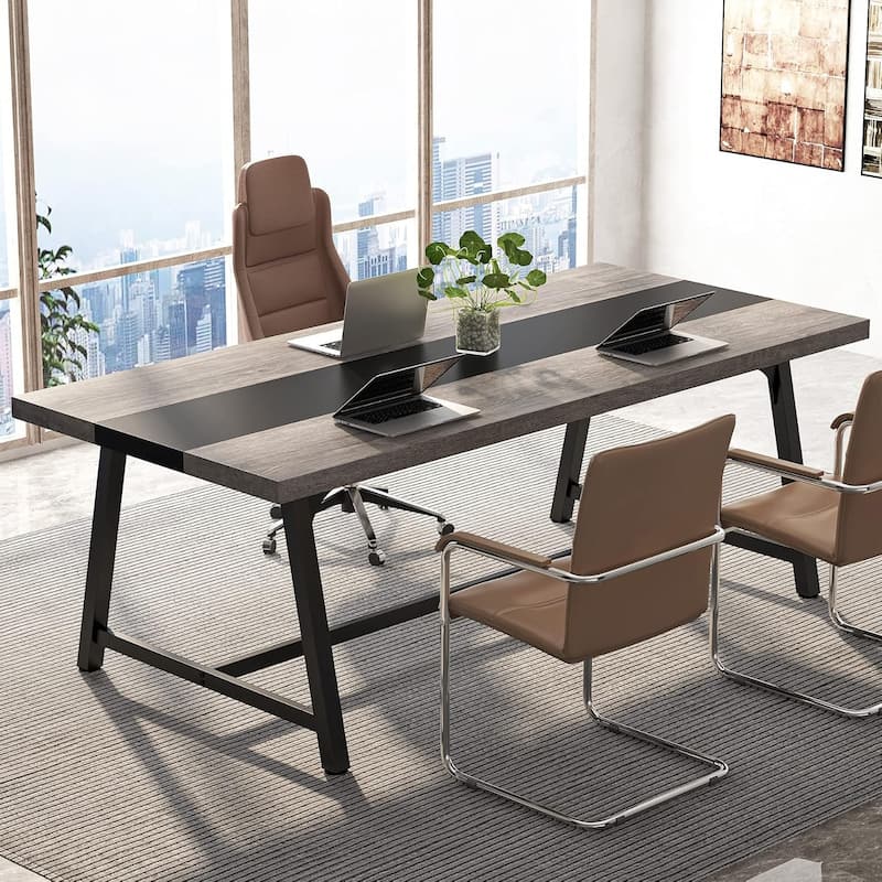 70.87"Modern Rectangular Conference Table, Office Executive Desk with Durable Metal Frame, Large Work Surface - Grey+Black