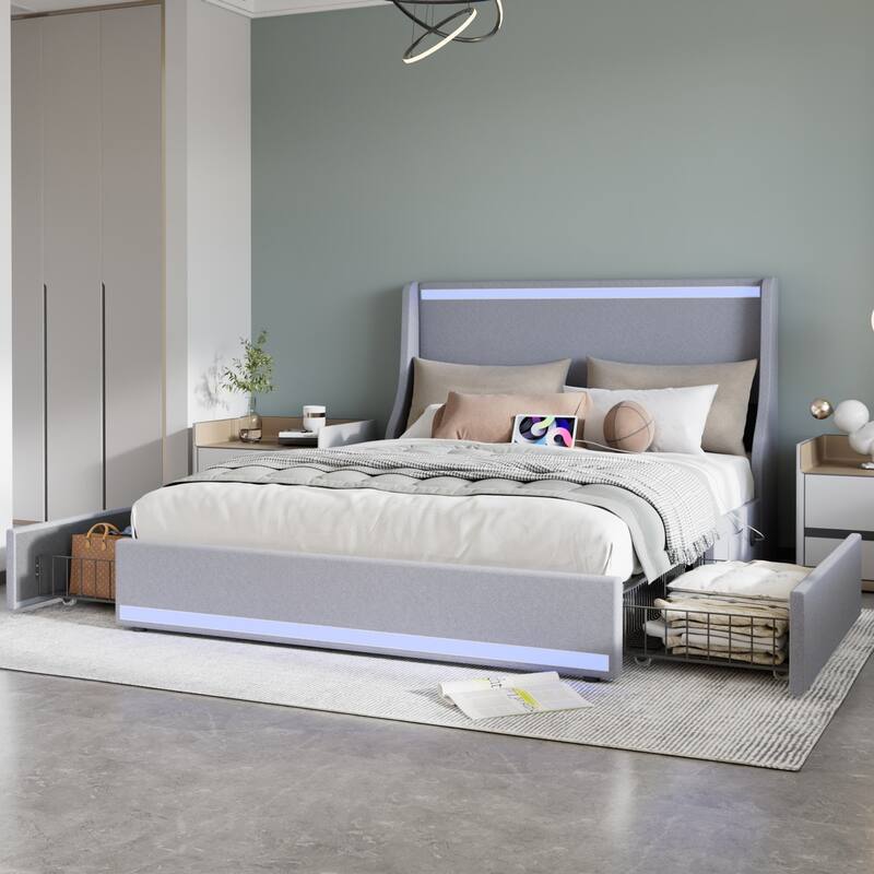 Upholstered LED Bed Frame with 2 Storage Drawers and Wingback Headboard, Linen Fabric Platform Bed with Charing Station - Grey - Full