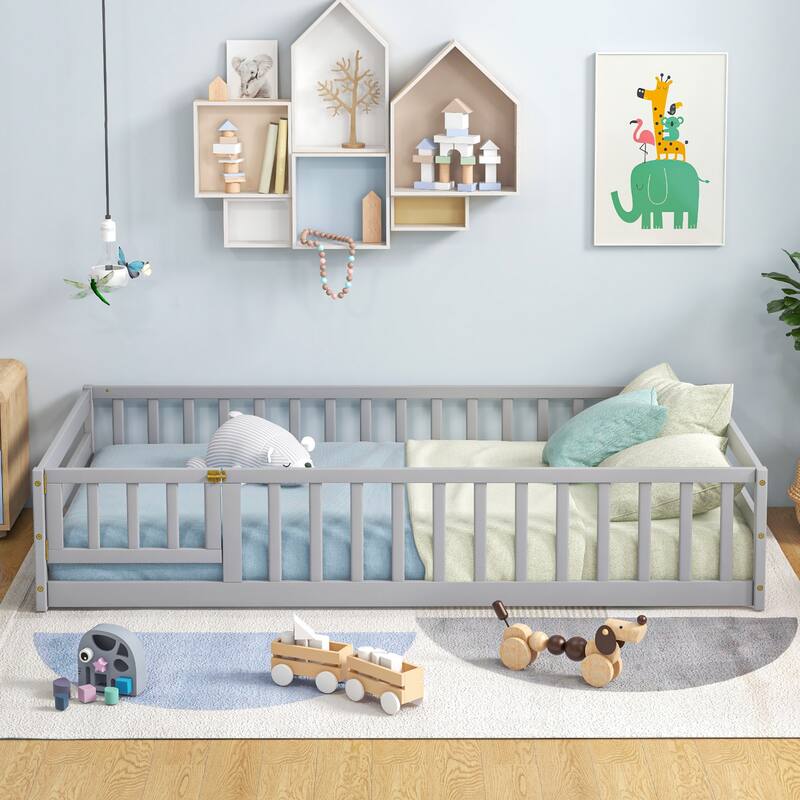Twin Size Kids Wood Montessori Floor Bed with Door and Fence