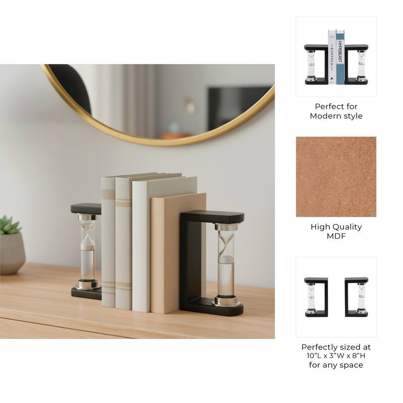 Decorative Hourglass Sand Timer Bookends - Set of 2, 8", Black - 10.0"