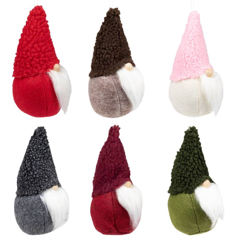 Plush Gnome Hanging Christmas Ornaments - 6.75" - Multi-Color - Set of 6