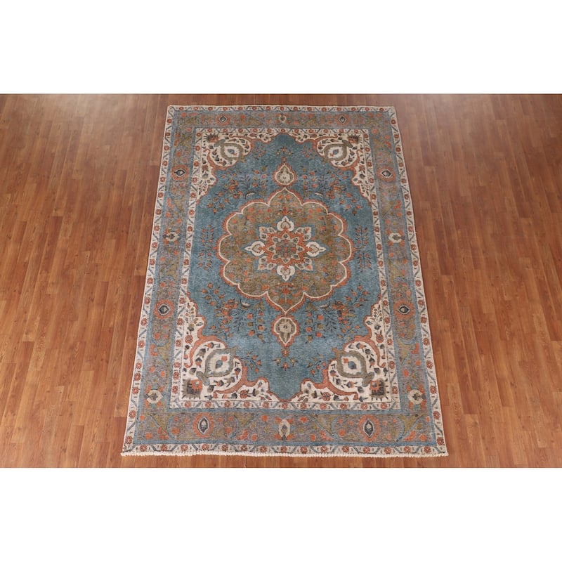 Over-Dyed Blue Tabriz Vintage Area Rug Handmade Wool Carpet - 6'5" x 9'5"