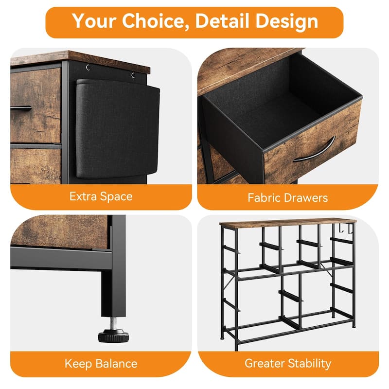 Fabric 10 Drawer Dresser for Bedroom, Metal Frame Storage Organizer Chest with Side Pockets, Hooks