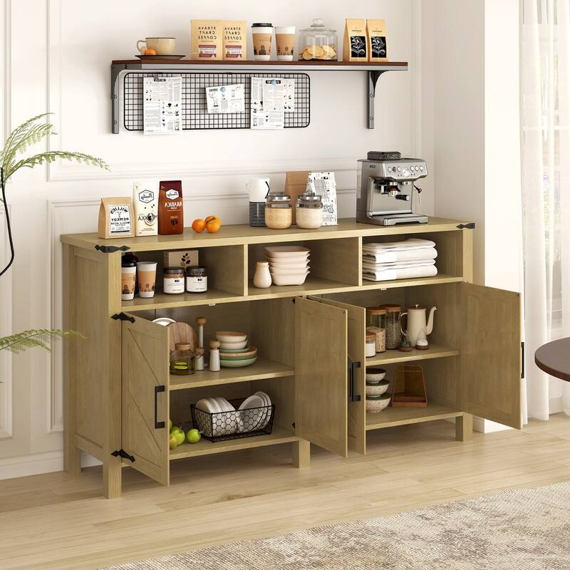 Modern 4-Door Sideboard Buffet with Power Outlets Adjustable Shelves and Half-Open Storage Design