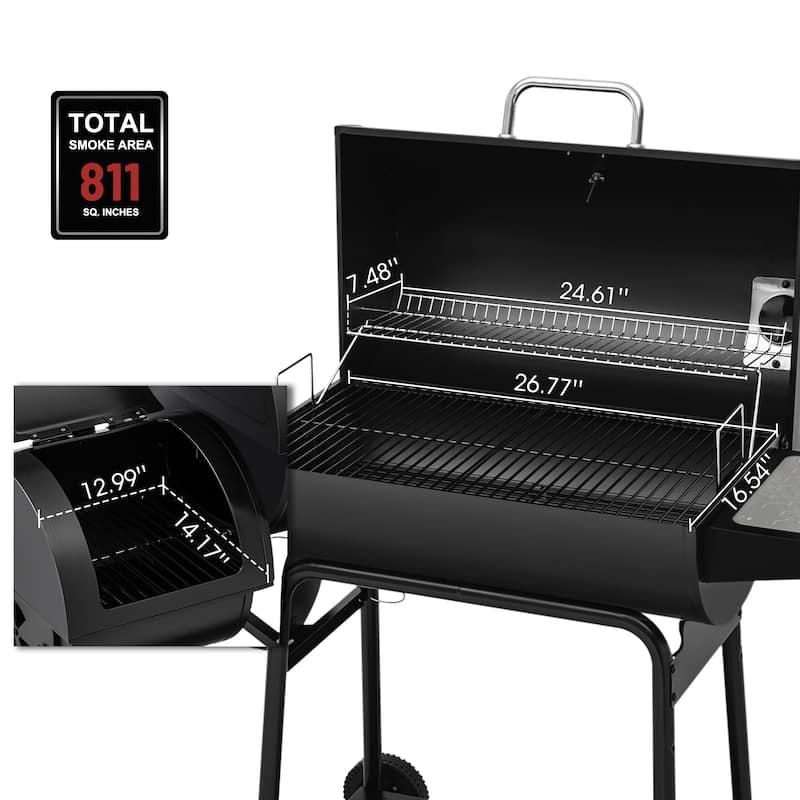 Royal Gourmet 30-Inch Barrel Charcoal Grill with Offset Smoker, Black