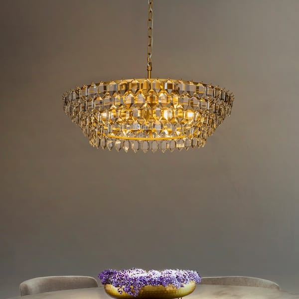slide 2 of 8, 8-Light Mid Century Modern 4-Tier Antique Gold Crystal Glass Chandelier - W:28"