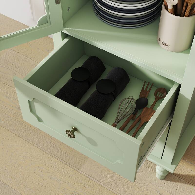 Minimalism Buffet Cabinet with Glass Doors and Double Drawer, Modern Wooden Storage Sideboard Cupboard