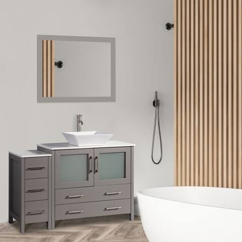 Vanity Art 48 inch Single Sink Bathroom Vanity Combo Set - Modern Cabinet Ceramic vessel Sink with Quartz Top & Free Mirror