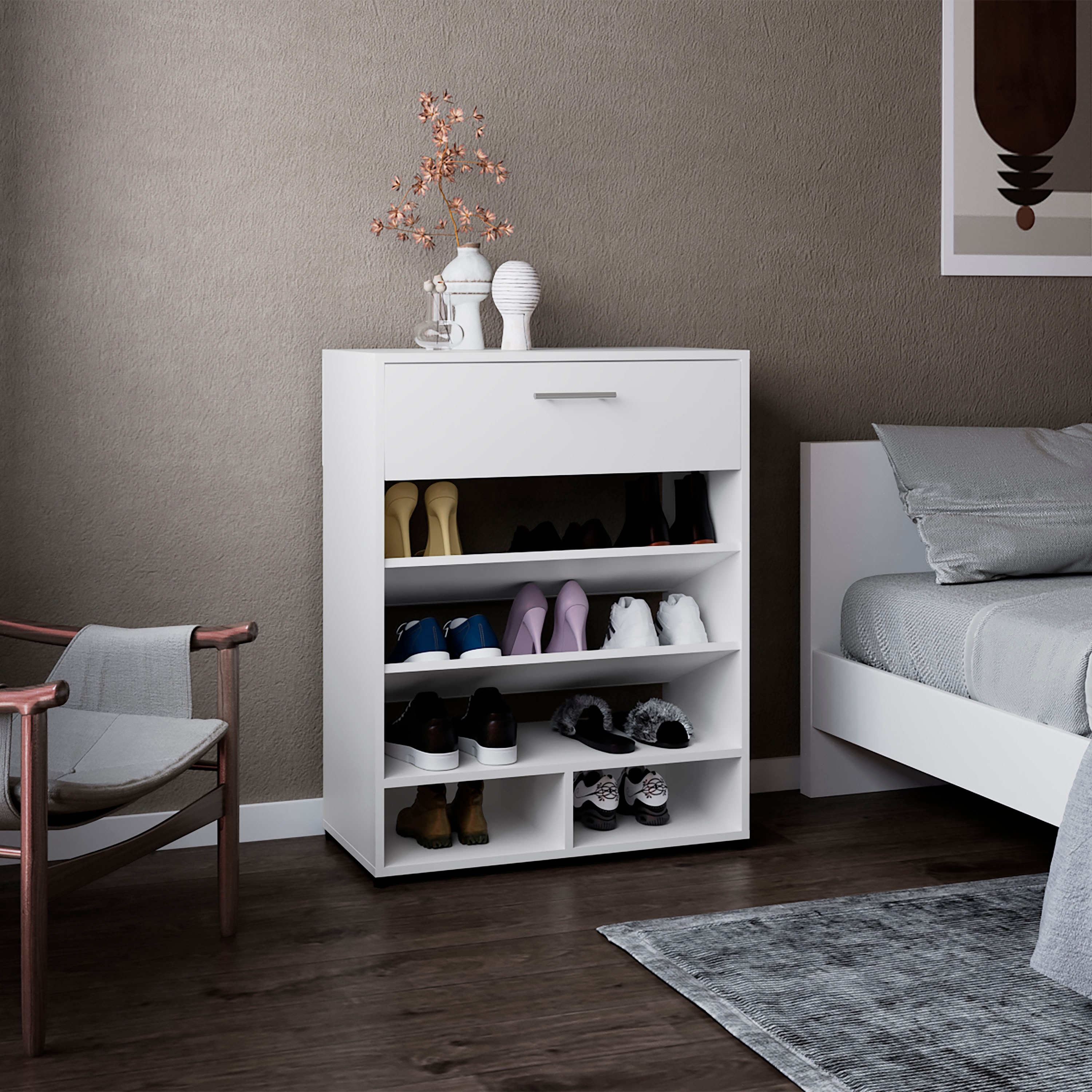 Shoe Rack, 3-Tier, One Drawer, Five Shelves, Shoe Storage, White