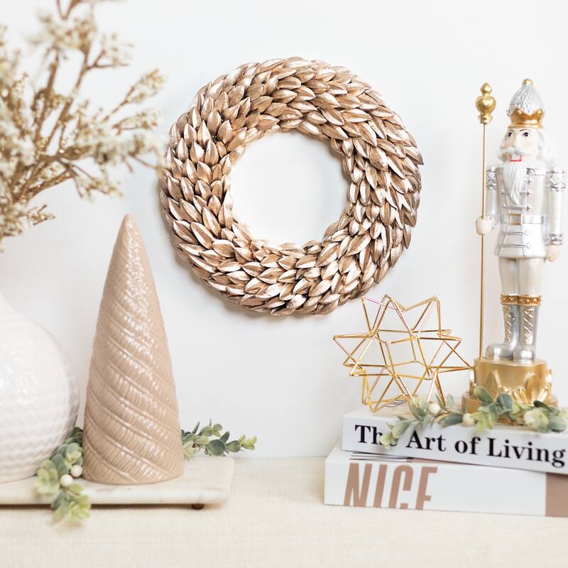 Champagne Gold Budding Leaves Glitter Christmas Wreath, 11.5", Unlit