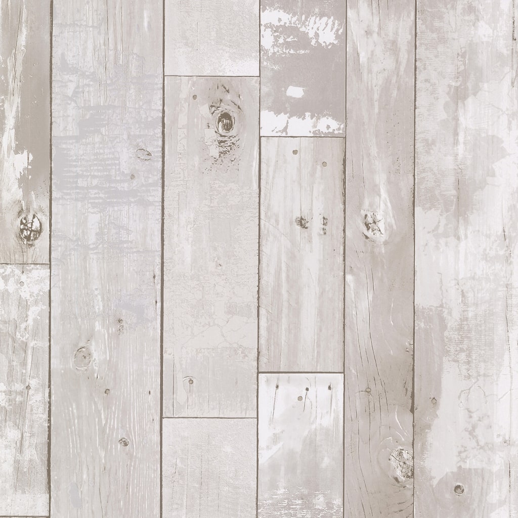 Brewster Harbored Light Grey Distressed Wood Panel Wallpaper - 20.5in x 396in x 0.025in