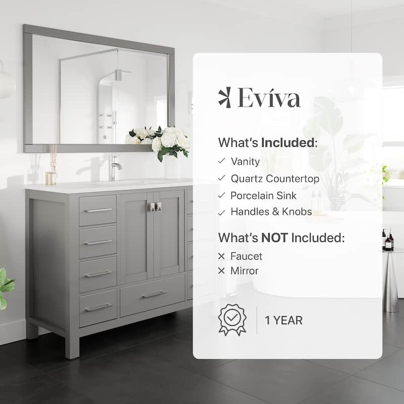 Eviva London 48"W x 18"D Gray Bathroom Vanity with Carrara Quartz Countertop and Undermount Porcelain Sink