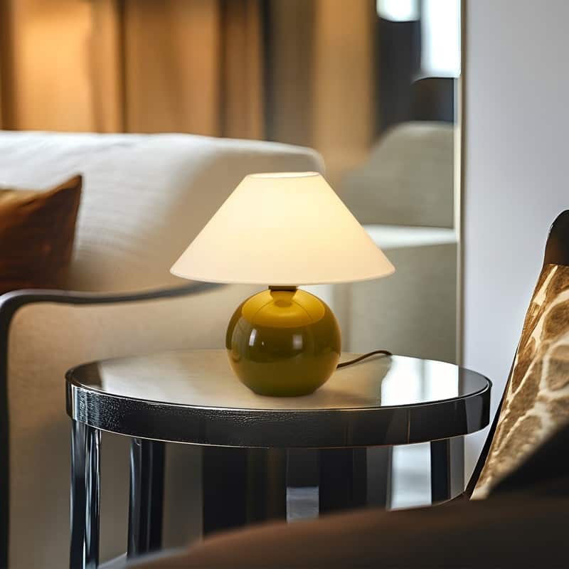 Brightech Fiona LED Olive Green Ceramic Midcentury Round Globe Bedside Nightstand Desk Lamp with Cream Cotton Empire Shade