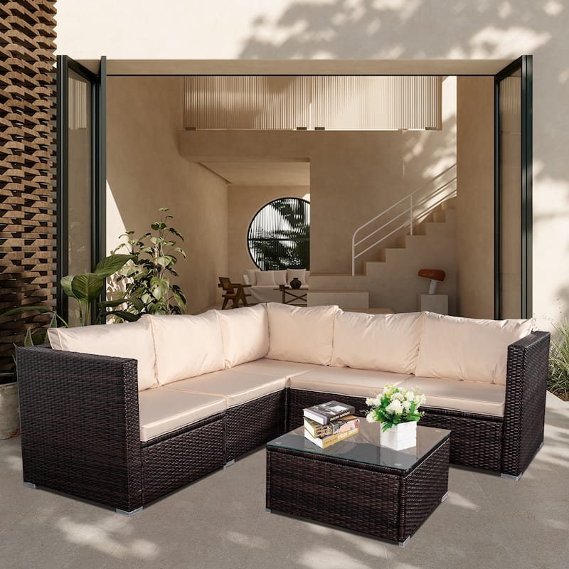 6-Piece Outdoor Rattan Patio Conversation Furniture Set for Backyard, Poolside