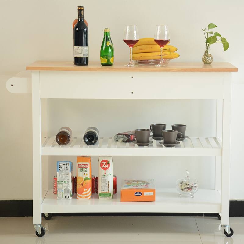 Multi-Functional Kitchen Island with Open Shelves, Smooth Rolling Wheels, and Durable Rubber Wood Countertop