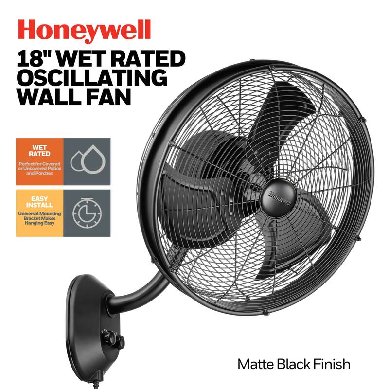 18" Honeywell Matte Black Outdoor Oscillating Wall Fan, Wet Rated, 3-Speed AC Motor