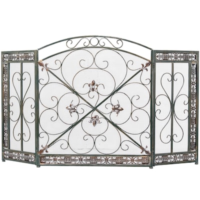 Metal Scroll 3 Panel Fireplace Screen with Fleur De Lis Accents - Black - Roche River Decor - 1"W x 52"L x 31"H