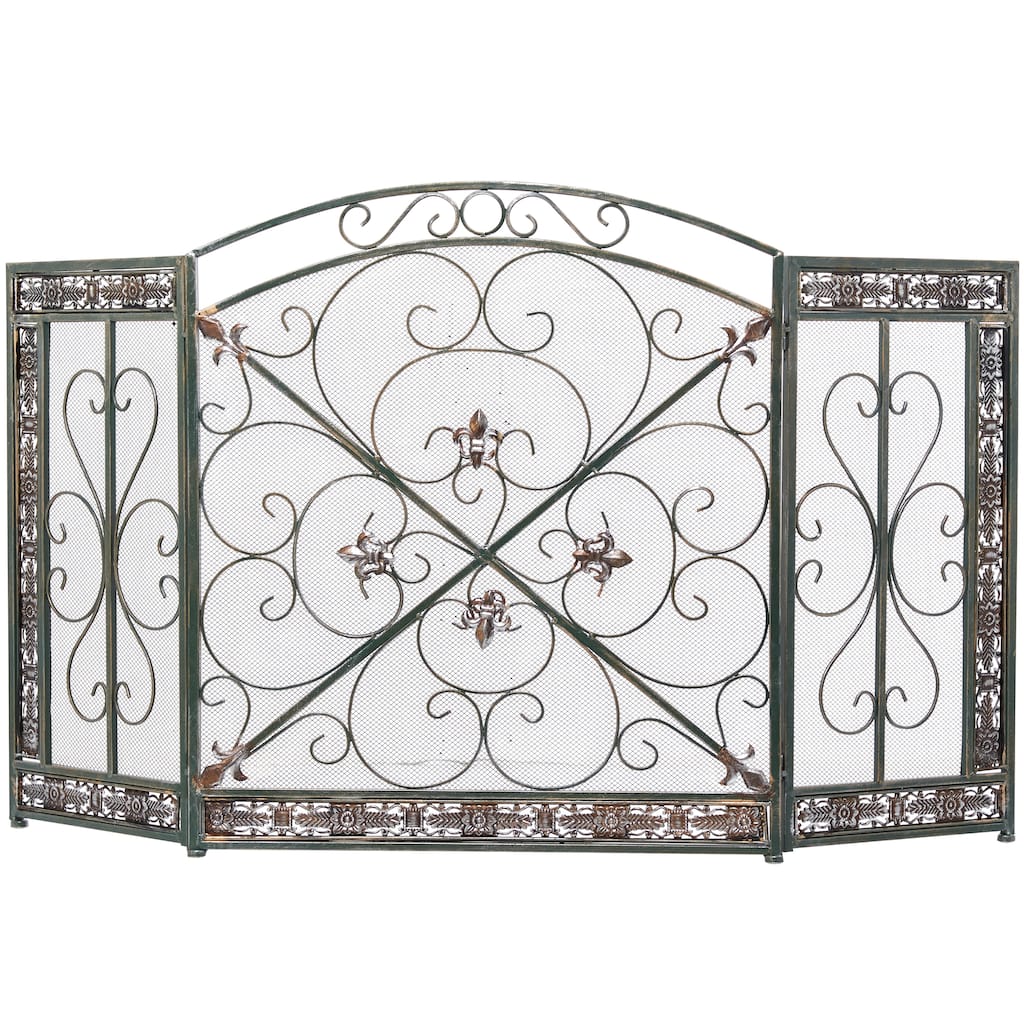 Metal Scroll 3 Panel Fireplace Screen with Fleur De Lis Accents - Black - Roche River Decor - 1"W x 52"L x 31"H
