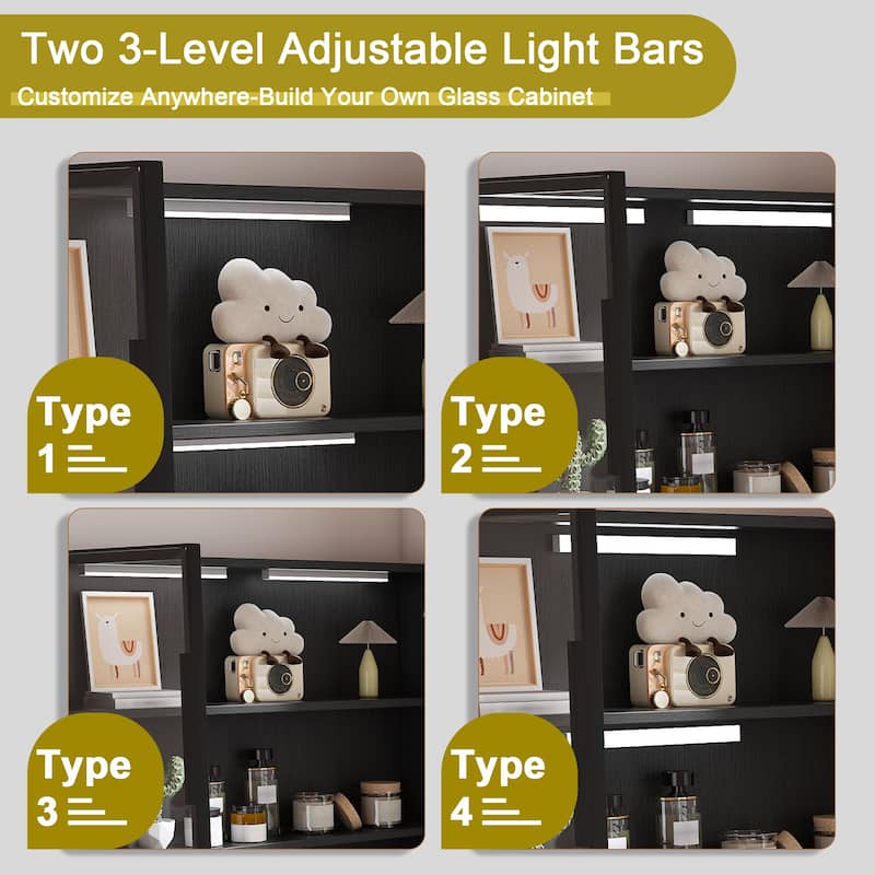 Computer Desk with Glass Cabinets & Built-In LED Lights, Corner L-Shaped Office Desk with USB Charging Ports, Keyboard Tray