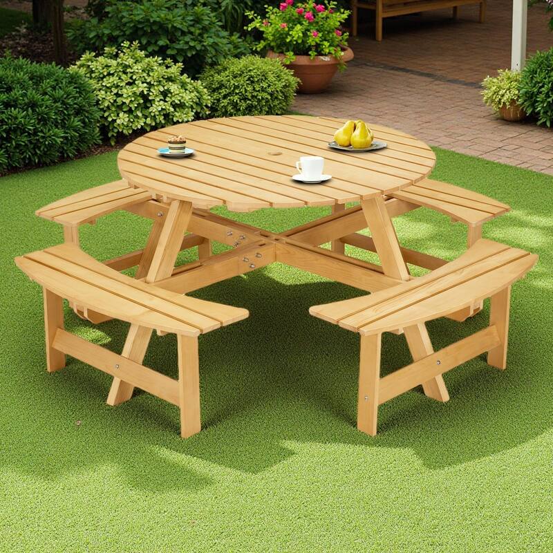 8-Person Outdoor Patio Wooden Round Picnic Table with 4 Built-in Benches and Umbrella Hole - Natural