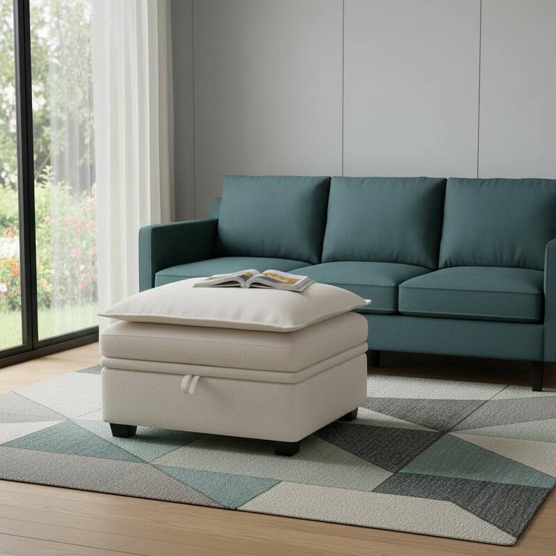 HomeRoots 30" Gray and Black Chenille Storage Ottoman - Beige