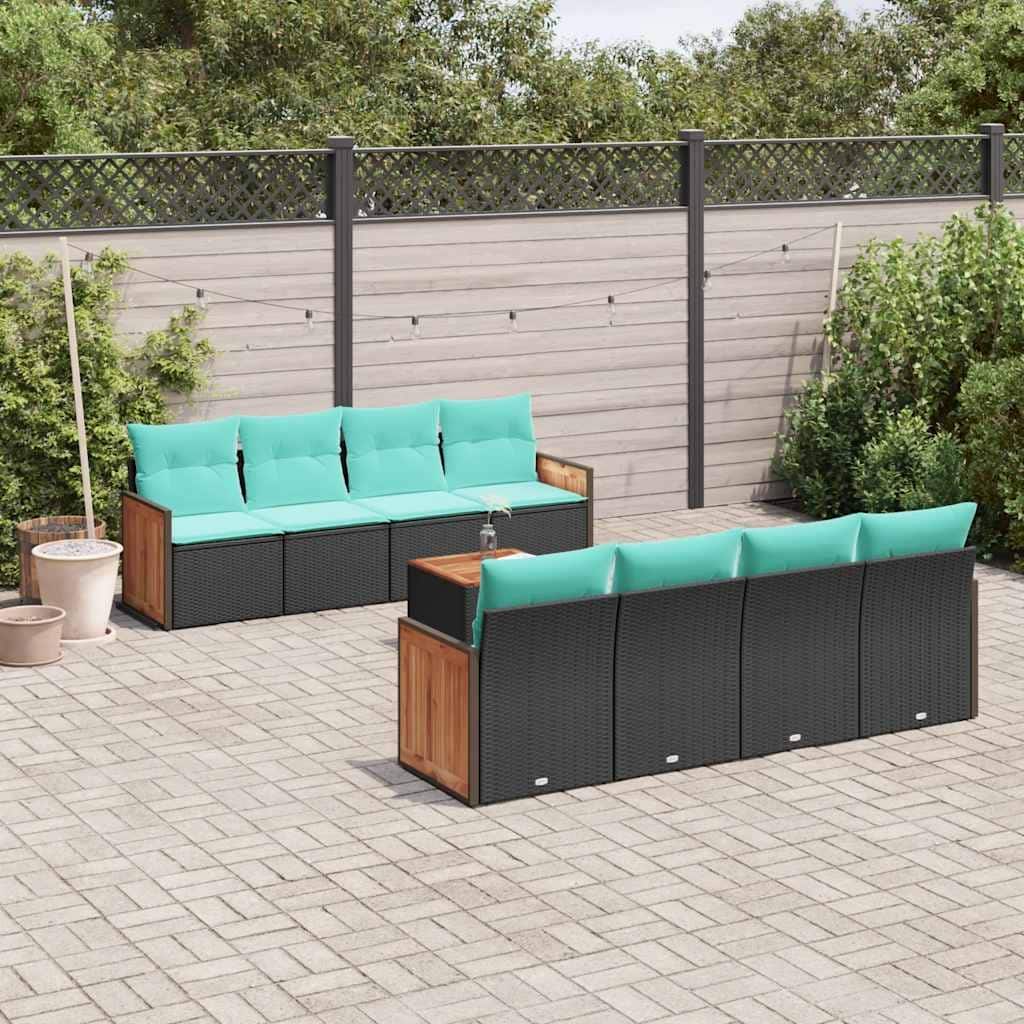 vidaXL 9 Piece Patio Sofa Set with Cushions Black Poly Rattan - 21.7 x 24.4 x 27.2