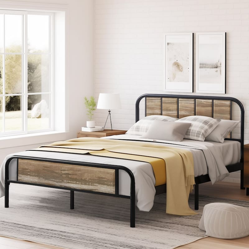 Javlergo Modern Metal Platform Bed Frame with Slate Headboard Footboard Heavy Duty No Box Spring Needed Bed