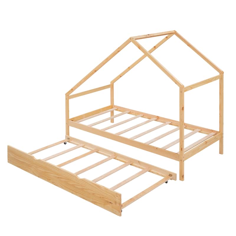 Wooden House Bed With Trundle