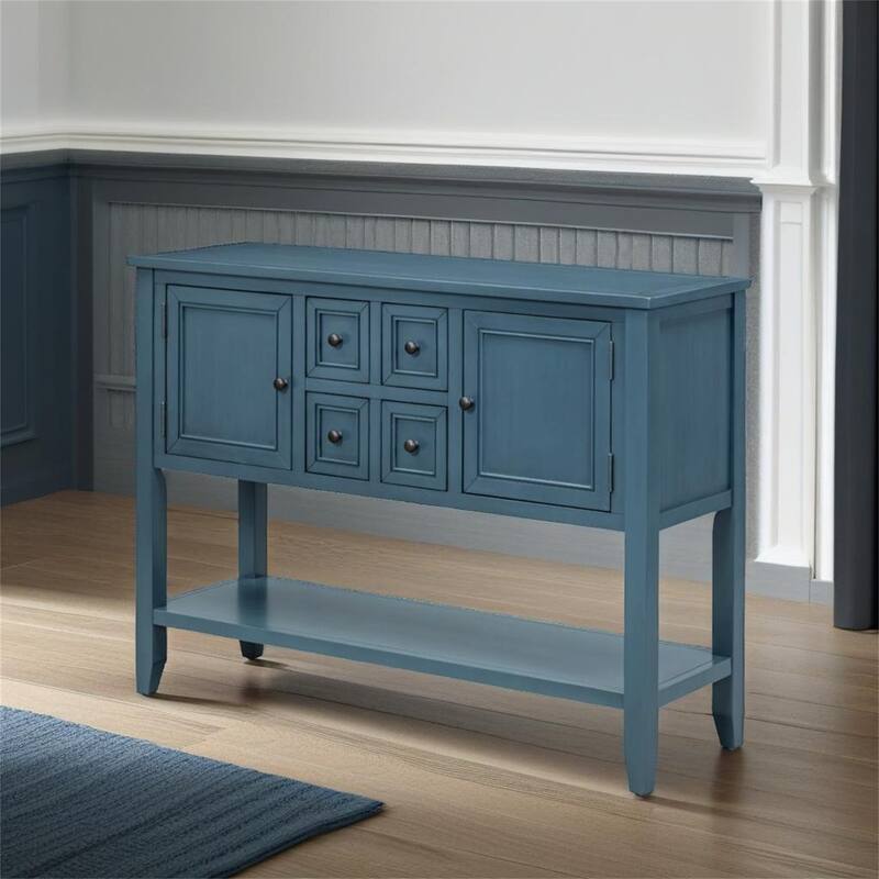 Storage Vintage Console Table with Four Small Drawers and Bottom Shelf - Light Navy
