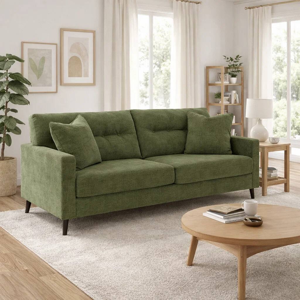 Bixy Sofa, 2 Accent Throw Pillows, 79 Inch Green Tufted Polyester