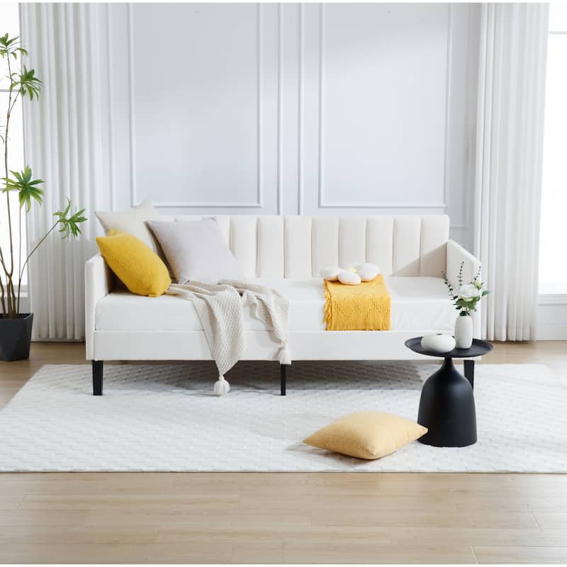 Twin Size Velvet Upholstered Daybed with Tufted Backrest - Ivory