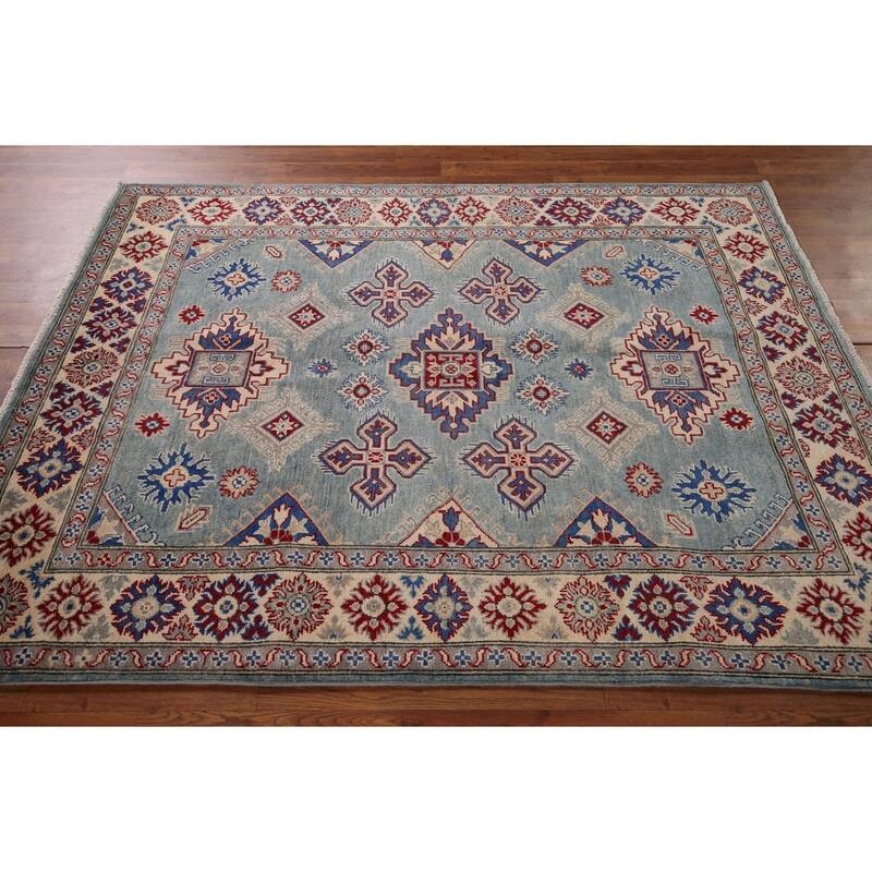 Light Blue Traditional / Geometric Kazak Rug Hand-Knotted Wool Carpet - 5'0" x 6'7"